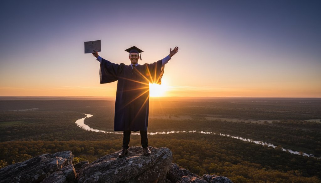 A jubilant graduate in Warrandyte South, surrounded by natural bushland, throws their cap into the air, silhouetted against a golden sunset, perfectly embodying Warrandyte South graduation photography capturing joyful moments.