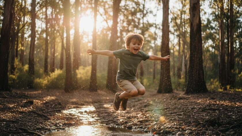 An epic moment of genuine laughter during Warrandyte South kids photography outdoor adventures, featuring a child running through sun-dappled eucalyptus trees in Warrandyte South, light filtering dramatically, captured with a shallow depth of field.
