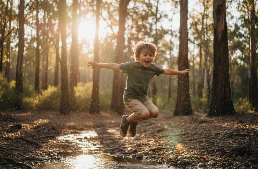 An epic moment of genuine laughter during Warrandyte South kids photography outdoor adventures, featuring a child running through sun-dappled eucalyptus trees in Warrandyte South, light filtering dramatically, captured with a shallow depth of field.