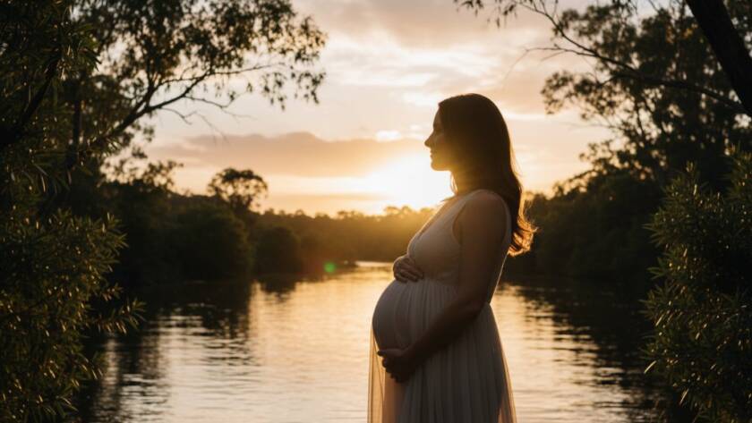 A breathtaking "Warrandyte South maternity photography natural glow" portrait of an expectant mother silhouetted against a golden hour sky, standing beside the Yarra River's serene banks at dusk, her hands cradling her belly, bathed in soft, ethereal light, professional and cinematic.