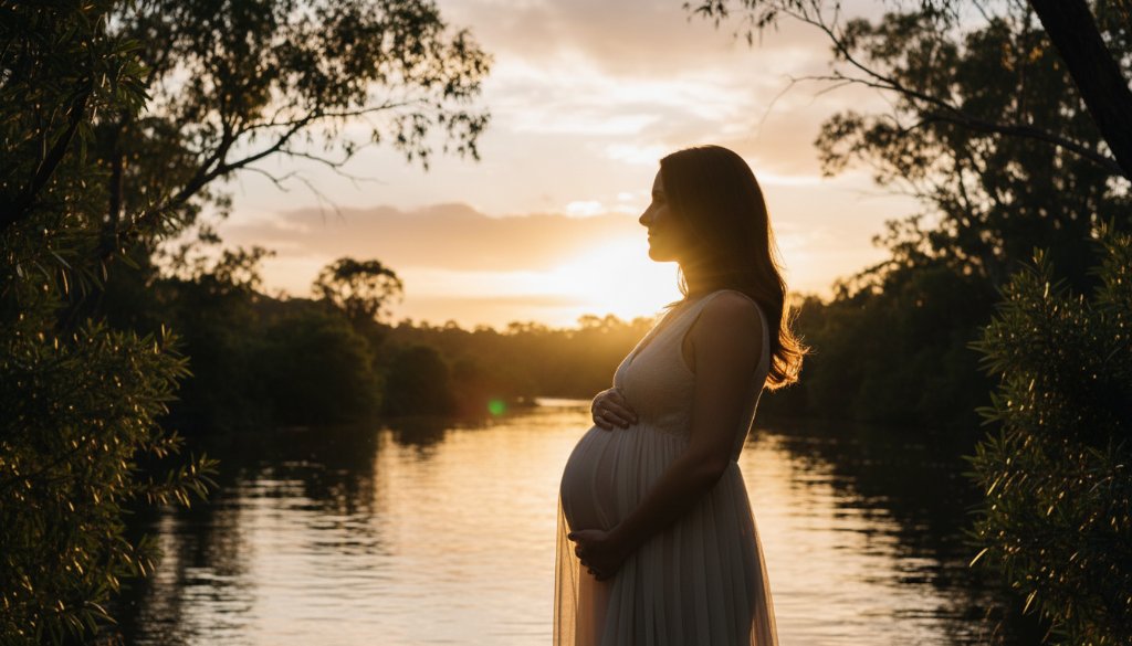 A breathtaking "Warrandyte South maternity photography natural glow" portrait of an expectant mother silhouetted against a golden hour sky, standing beside the Yarra River's serene banks at dusk, her hands cradling her belly, bathed in soft, ethereal light, professional and cinematic.