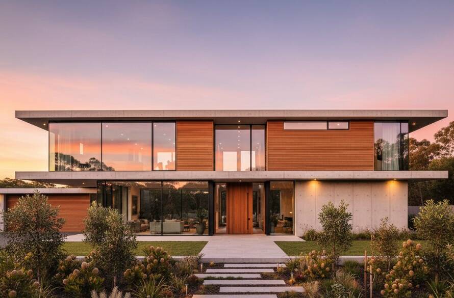 An epic moment captured in Warrandyte South Modern Home Architecture Photography, showcasing a striking contemporary home at twilight with dramatic uplighting, sleek lines, and a beautiful native garden, professionally color-graded with a cinematic feel.