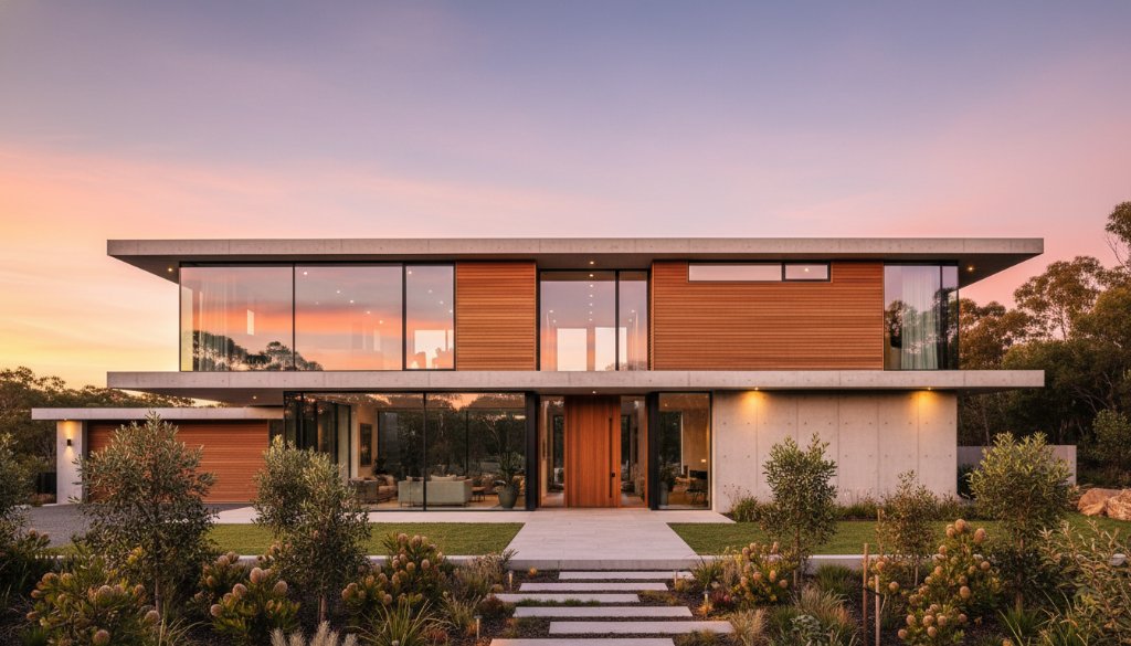 An epic moment captured in Warrandyte South Modern Home Architecture Photography, showcasing a striking contemporary home at twilight with dramatic uplighting, sleek lines, and a beautiful native garden, professionally color-graded with a cinematic feel.