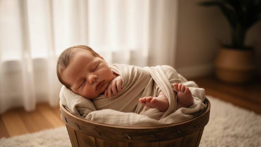 A tender, cinematic close-up of a sleeping newborn baby nestled in soft, neutral blankets, bathed in warm, ethereal light from a nearby window in a Warrandyte South home, creating a powerful image of Warrandyte South newborn photography treasured memories.