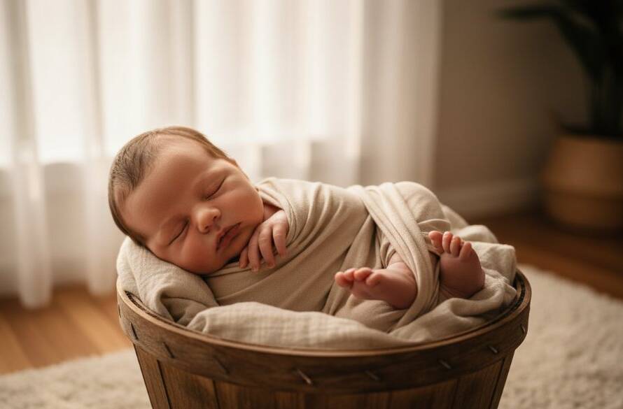 A tender, cinematic close-up of a sleeping newborn baby nestled in soft, neutral blankets, bathed in warm, ethereal light from a nearby window in a Warrandyte South home, creating a powerful image of Warrandyte South newborn photography treasured memories.