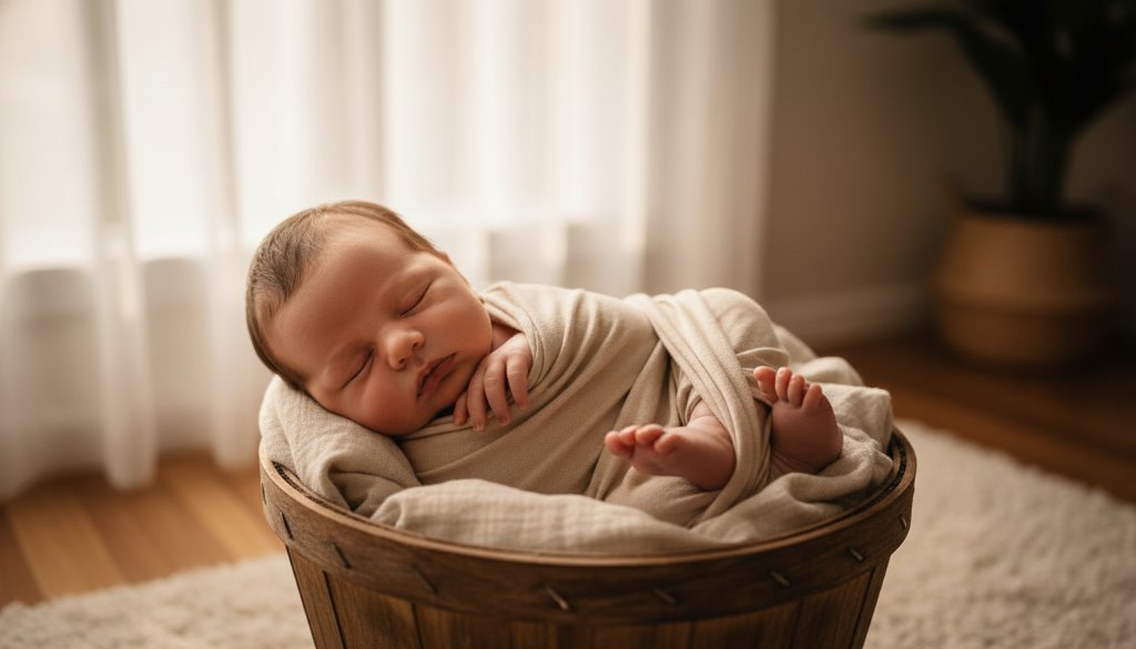 A tender, cinematic close-up of a sleeping newborn baby nestled in soft, neutral blankets, bathed in warm, ethereal light from a nearby window in a Warrandyte South home, creating a powerful image of Warrandyte South newborn photography treasured memories.