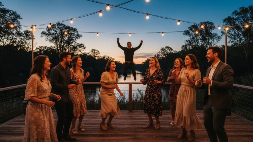 An epic, dramatically lit shot of guests laughing and dancing under string lights at an outdoor evening party in Warrandyte South, perfectly exemplifying Warrandyte South party photography capturing vibrant celebrations with genuine joy and dynamic movement.