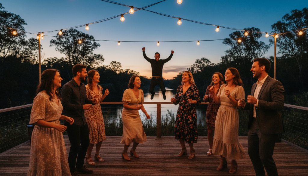 An epic, dramatically lit shot of guests laughing and dancing under string lights at an outdoor evening party in Warrandyte South, perfectly exemplifying Warrandyte South party photography capturing vibrant celebrations with genuine joy and dynamic movement.