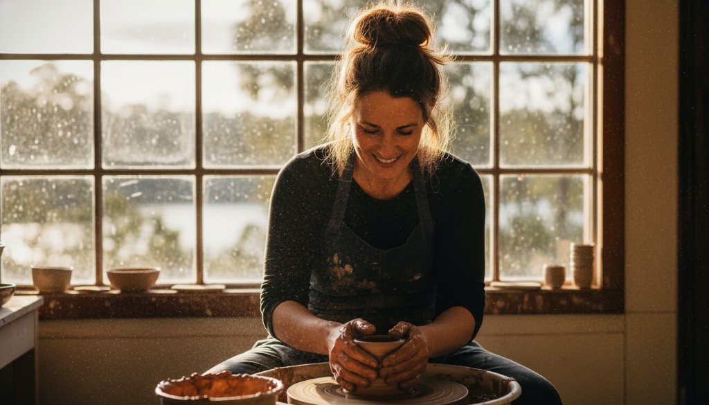An entrepreneur in Warrandyte South holds a handcrafted ceramic bowl, dramatically lit by golden hour sun near the Yarra River, showcasing authentic Warrandyte South personal branding photography for their artisan business.
