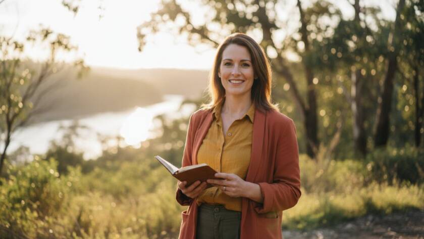 An inspiring and dynamic Warrandyte South professional headshot for a local creative, captured outdoors with the vibrant natural light filtering through gum trees, highlighting their confident expression and artistic personality, featuring a cinematic depth of field.