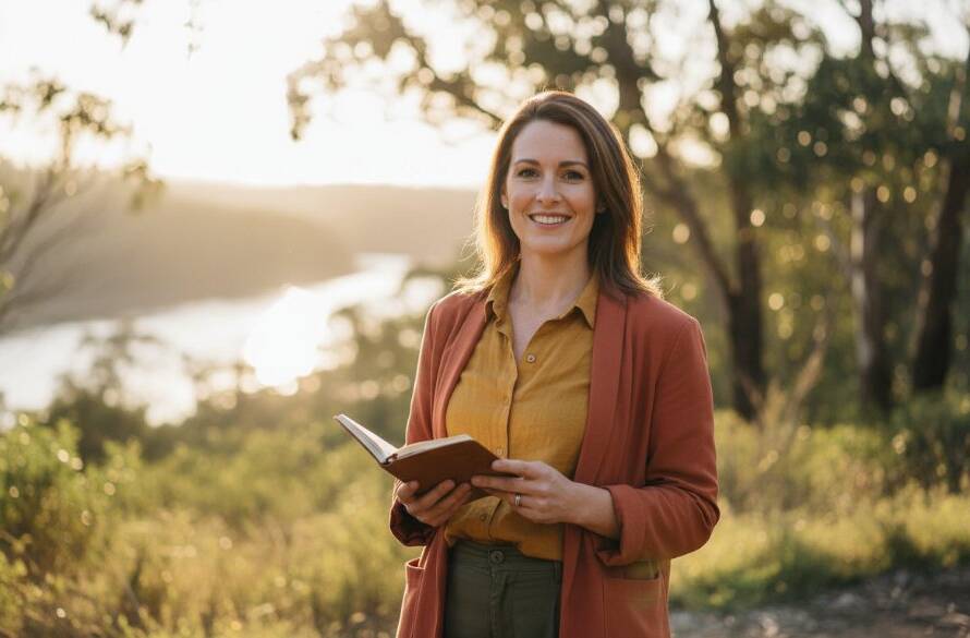An inspiring and dynamic Warrandyte South professional headshot for a local creative, captured outdoors with the vibrant natural light filtering through gum trees, highlighting their confident expression and artistic personality, featuring a cinematic depth of field.