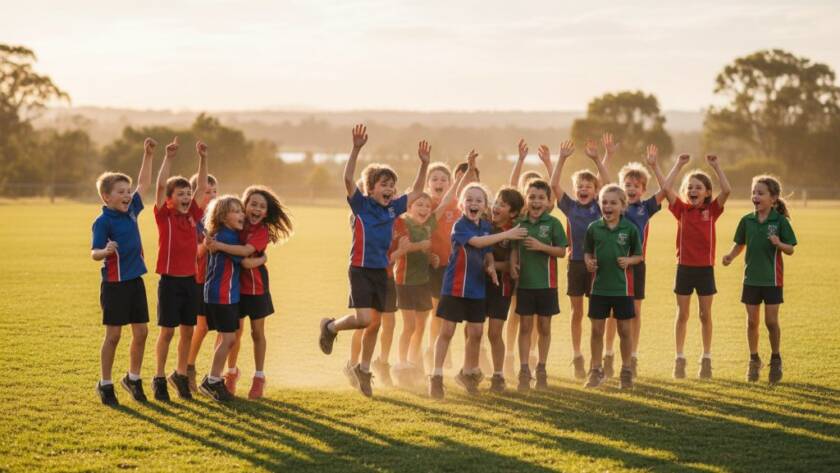 A candid, joyous photograph capturing Warrandyte South school photography genuine student moments, featuring a diverse group of primary school children laughing together in the golden afternoon light near the Yarra River in Warrandyte South, showcasing natural expressions and connections.