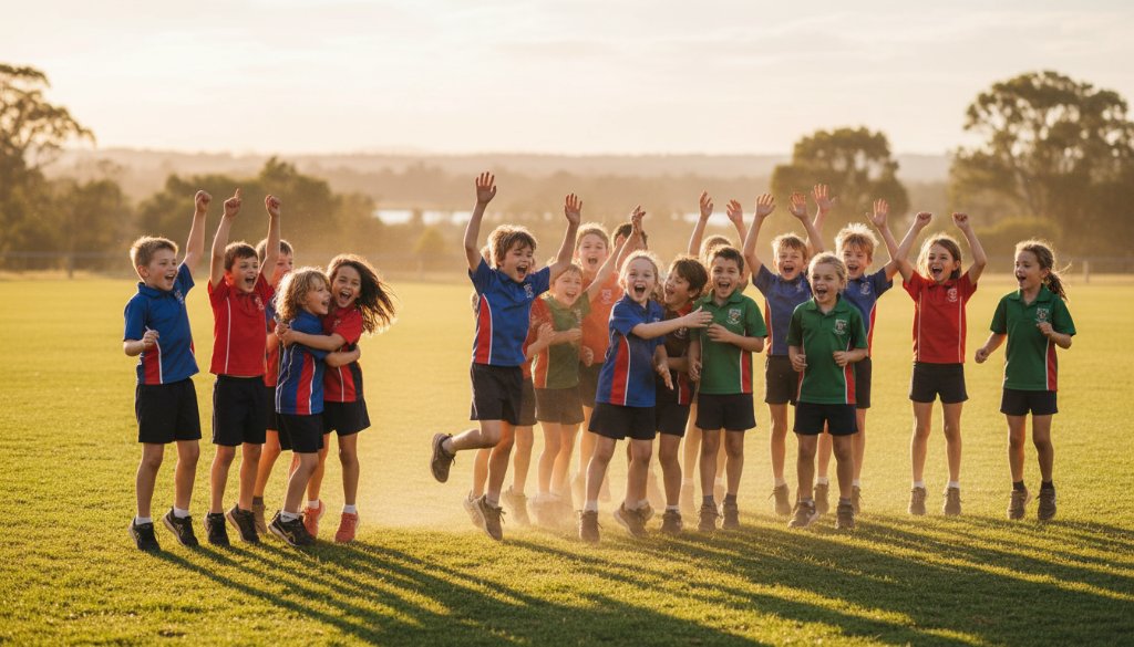A candid, joyous photograph capturing Warrandyte South school photography genuine student moments, featuring a diverse group of primary school children laughing together in the golden afternoon light near the Yarra River in Warrandyte South, showcasing natural expressions and connections.