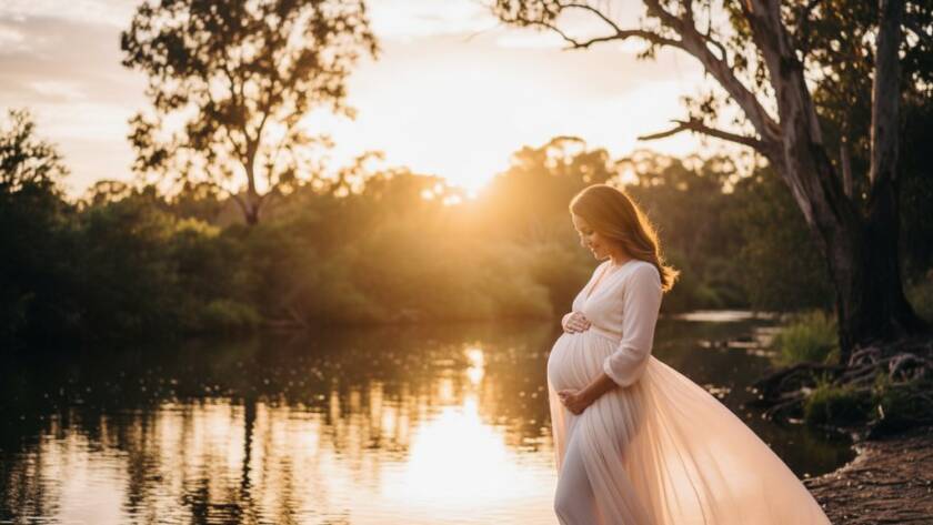 A glowing pregnant woman, in a flowing dress, stands by the Yarra River at sunset in Warrandyte South, her silhouette framed by golden light, epitomising ethereal Warrandyte South Yarra River maternity photography.