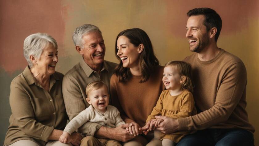 A heartwarming, cinematic portrait of a multi-generational family laughing together in a modern Warrandyte studio, bathed in dramatic, soft golden light, representing professional Warrandyte studio photography for timeless family portraits. The family is dressed in complementary earthy tones, creating an emotional and authentic 'epic moment'.