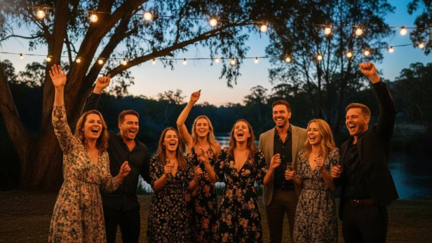 A stunning, candid wide-angle shot of guests laughing and dancing under string lights at an outdoor evening party in Warrandyte, capturing the vibrant atmosphere and genuine joy of Warrandyte unforgettable party photography for lively celebrations, with the Yarra River or lush Warrandyte bushland in the soft background, professionally lit with warm hues.