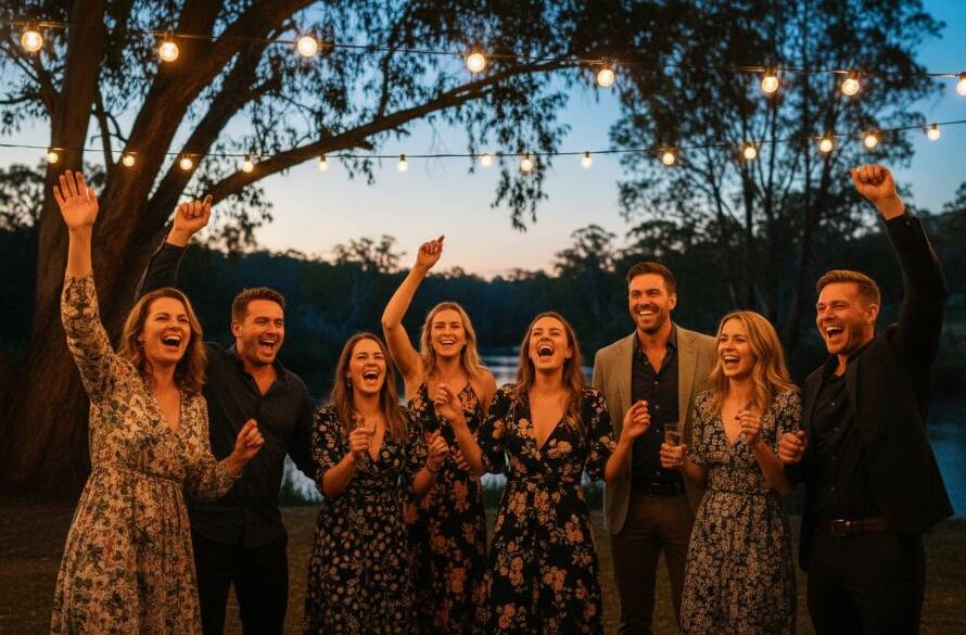 A stunning, candid wide-angle shot of guests laughing and dancing under string lights at an outdoor evening party in Warrandyte, capturing the vibrant atmosphere and genuine joy of Warrandyte unforgettable party photography for lively celebrations, with the Yarra River or lush Warrandyte bushland in the soft background, professionally lit with warm hues.