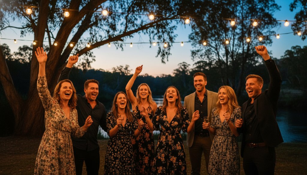 A stunning, candid wide-angle shot of guests laughing and dancing under string lights at an outdoor evening party in Warrandyte, capturing the vibrant atmosphere and genuine joy of Warrandyte unforgettable party photography for lively celebrations, with the Yarra River or lush Warrandyte bushland in the soft background, professionally lit with warm hues.