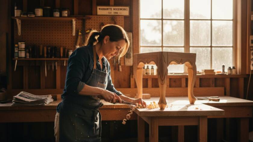 Dynamic Warrandyte Victoria commercial photography for local businesses, showcasing a local artisan meticulously crafting a custom wooden piece in their sun-drenched Warrandyte workshop, with dramatic natural light illuminating the intricate details and wood shavings, embodying passion and quality.