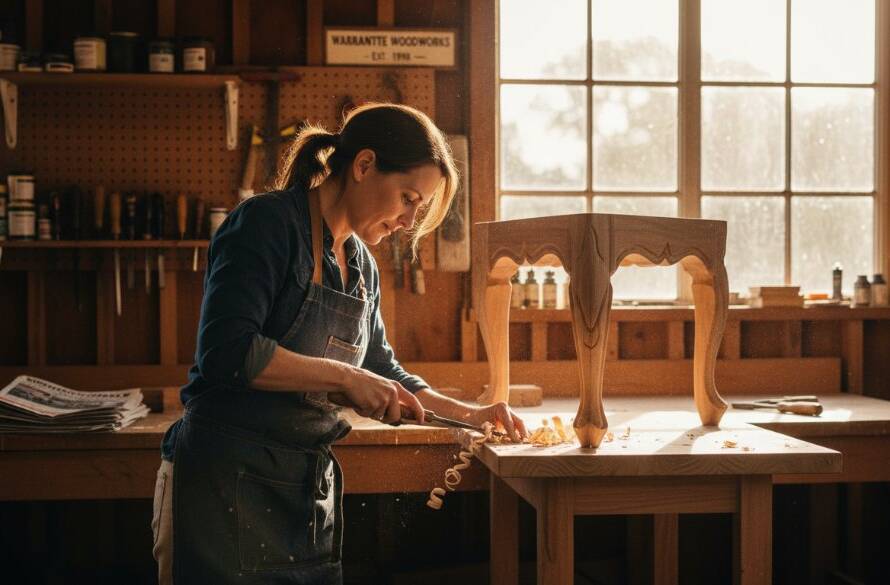 Dynamic Warrandyte Victoria commercial photography for local businesses, showcasing a local artisan meticulously crafting a custom wooden piece in their sun-drenched Warrandyte workshop, with dramatic natural light illuminating the intricate details and wood shavings, embodying passion and quality.