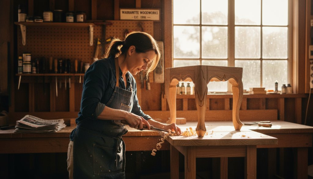 Dynamic Warrandyte Victoria commercial photography for local businesses, showcasing a local artisan meticulously crafting a custom wooden piece in their sun-drenched Warrandyte workshop, with dramatic natural light illuminating the intricate details and wood shavings, embodying passion and quality.