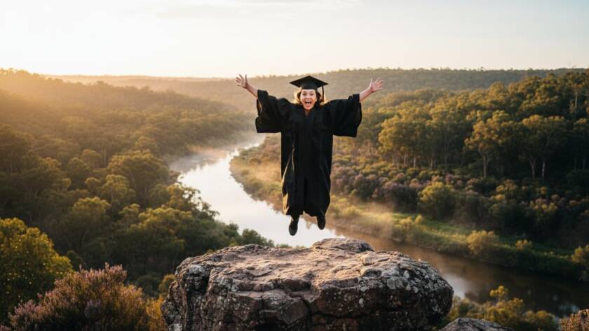 A jubilant graduate in their cap and gown, framed against the golden hour light over the Yarra River in Warrandyte, celebrating their Warrandyte Victoria graduation portrait experience with an outstretched arm in an epic, cinematic wide shot.