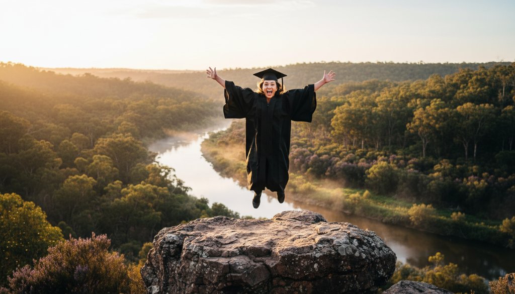 A jubilant graduate in their cap and gown, framed against the golden hour light over the Yarra River in Warrandyte, celebrating their Warrandyte Victoria graduation portrait experience with an outstretched arm in an epic, cinematic wide shot.