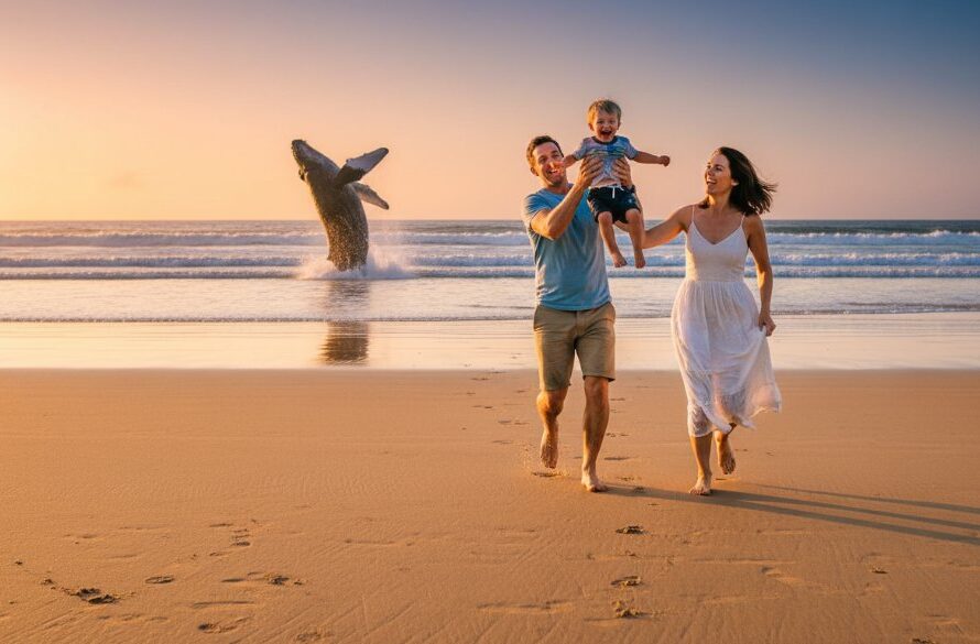 A candid photograph capturing genuine joy of a young family (parents and child) laughing together on the golden sands of Logans Beach, Warrnambool, at sunset, with the famous Southern Right Whales breaching in the distant ocean, bathed in dramatic golden hour light, showcasing the essence of Warrnambool candid photography capturing genuine joy.