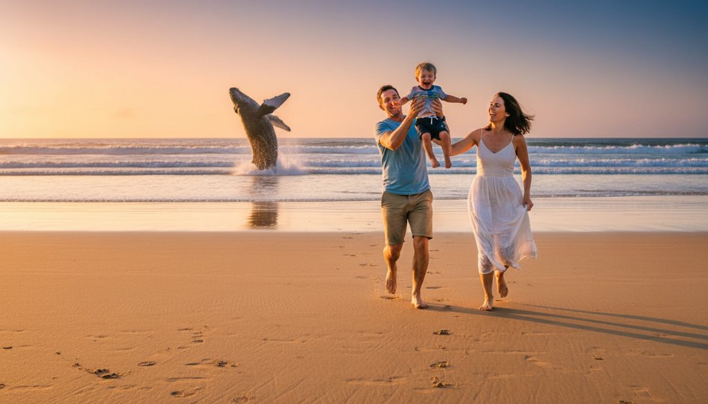A candid photograph capturing genuine joy of a young family (parents and child) laughing together on the golden sands of Logans Beach, Warrnambool, at sunset, with the famous Southern Right Whales breaching in the distant ocean, bathed in dramatic golden hour light, showcasing the essence of Warrnambool candid photography capturing genuine joy.
