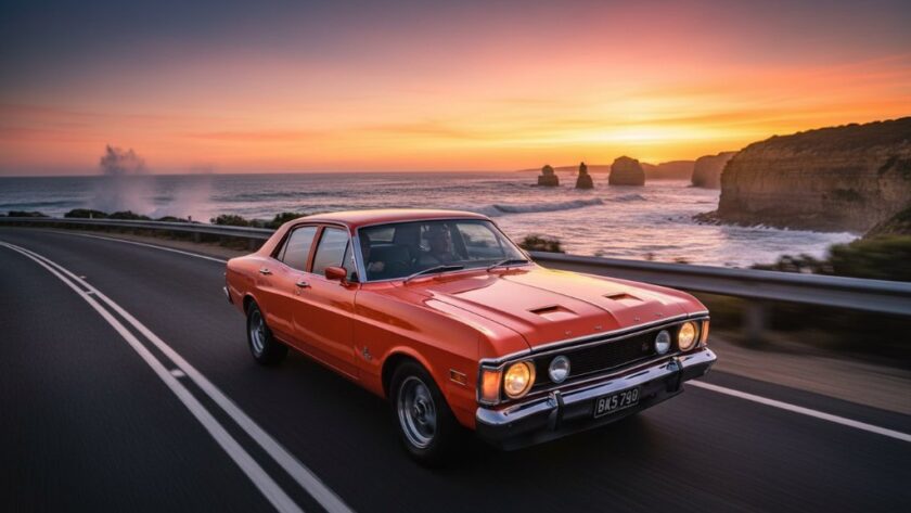 An epic moment of Warrnambool coastal drive automotive photography, capturing a vintage car cruising along the scenic Great Ocean Road at sunset, dramatic golden light, spray from crashing waves, professional and cinematic.