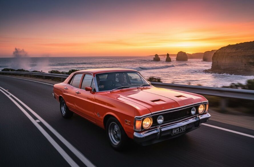 An epic moment of Warrnambool coastal drive automotive photography, capturing a vintage car cruising along the scenic Great Ocean Road at sunset, dramatic golden light, spray from crashing waves, professional and cinematic.