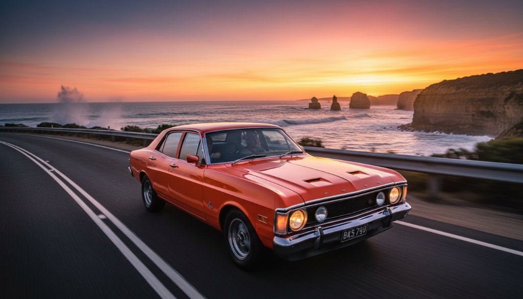 An epic moment of Warrnambool coastal drive automotive photography, capturing a vintage car cruising along the scenic Great Ocean Road at sunset, dramatic golden light, spray from crashing waves, professional and cinematic.
