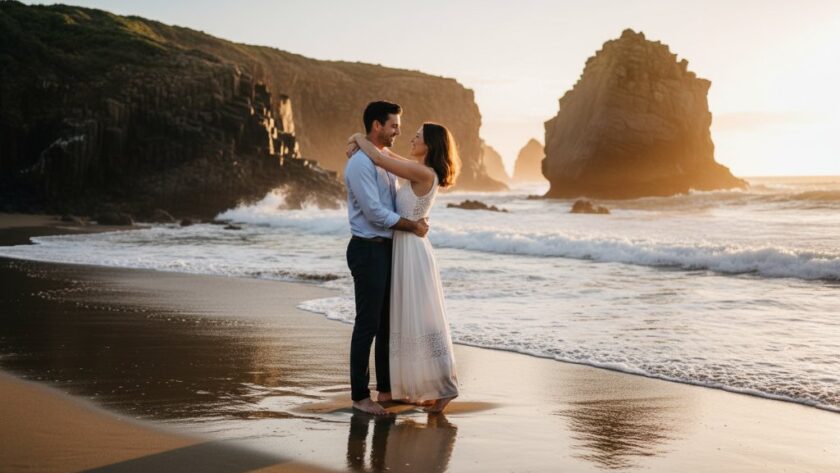 A newly engaged couple sharing a tender, joyful moment against a dramatic sunset at Logan's Beach, Warrnambool, featuring breathtaking Warrnambool engagement photos stunning beach backdrop with waves crashing in the background.