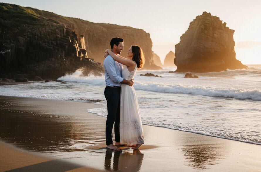 A newly engaged couple sharing a tender, joyful moment against a dramatic sunset at Logan's Beach, Warrnambool, featuring breathtaking Warrnambool engagement photos stunning beach backdrop with waves crashing in the background.