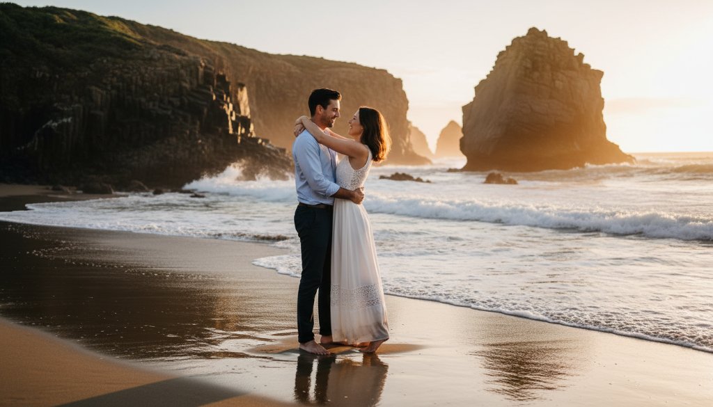 A newly engaged couple sharing a tender, joyful moment against a dramatic sunset at Logan's Beach, Warrnambool, featuring breathtaking Warrnambool engagement photos stunning beach backdrop with waves crashing in the background.