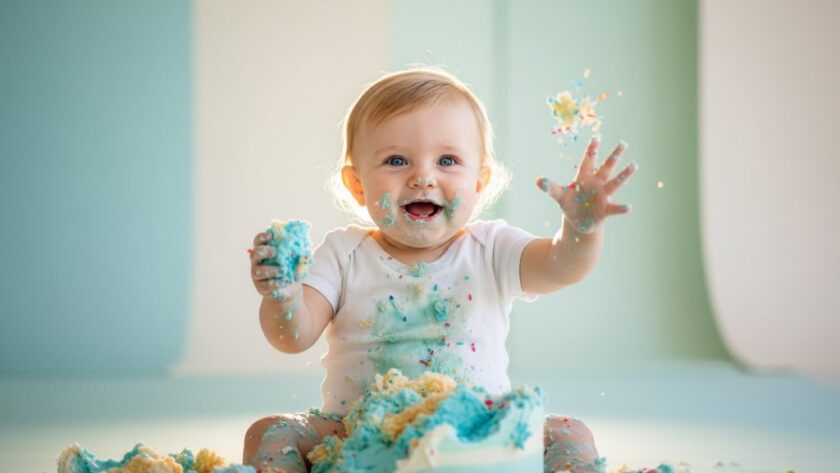 An epic moment captured during a Warrnambool first birthday cake smash photography session, showing a baby joyfully covered in cake, with soft, golden light creating a magical glow, set against a blurred background reminiscent of Warrnambool's natural beauty.