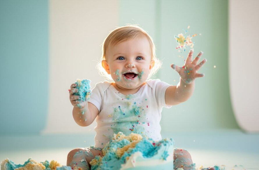 An epic moment captured during a Warrnambool first birthday cake smash photography session, showing a baby joyfully covered in cake, with soft, golden light creating a magical glow, set against a blurred background reminiscent of Warrnambool's natural beauty.