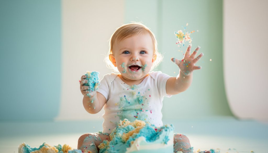 An epic moment captured during a Warrnambool first birthday cake smash photography session, showing a baby joyfully covered in cake, with soft, golden light creating a magical glow, set against a blurred background reminiscent of Warrnambool's natural beauty.