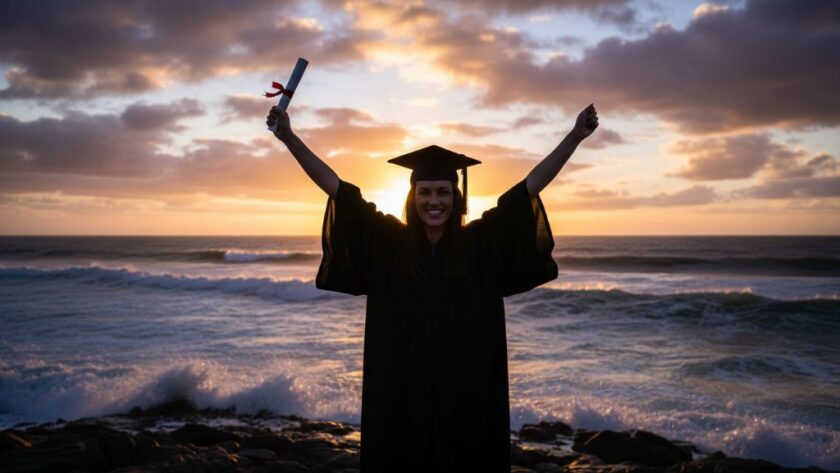 A jubilant graduate in their cap and gown, framed against the dramatic coastline of Warrnambool's Logans Beach at sunset, celebrating their achievement. This Warrnambool graduation photography capturing epic achievement showcases the joy and grandeur of the moment.