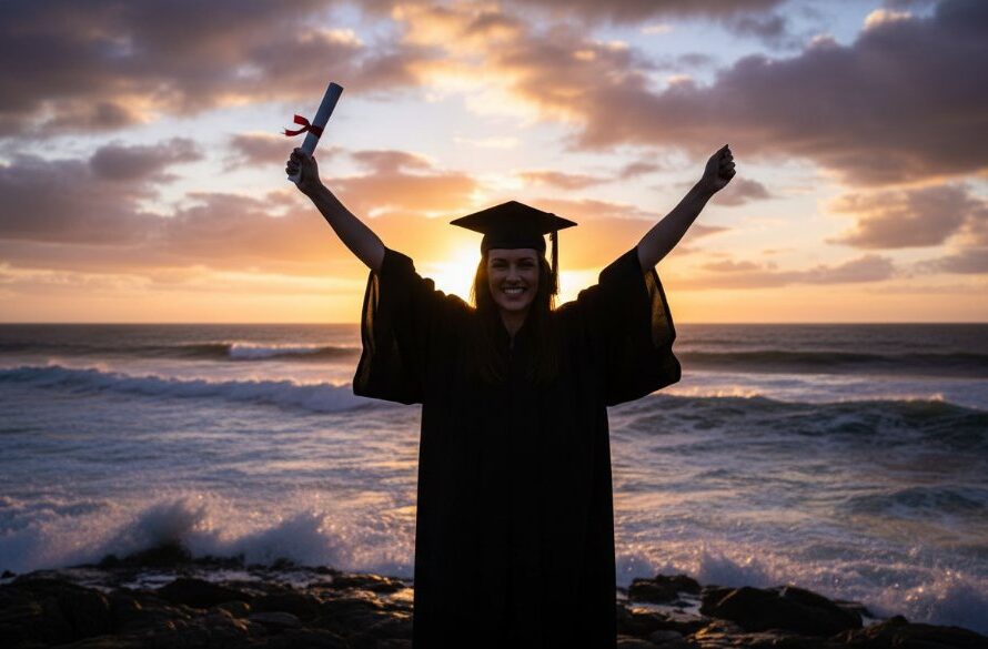 A jubilant graduate in their cap and gown, framed against the dramatic coastline of Warrnambool's Logans Beach at sunset, celebrating their achievement. This Warrnambool graduation photography capturing epic achievement showcases the joy and grandeur of the moment.