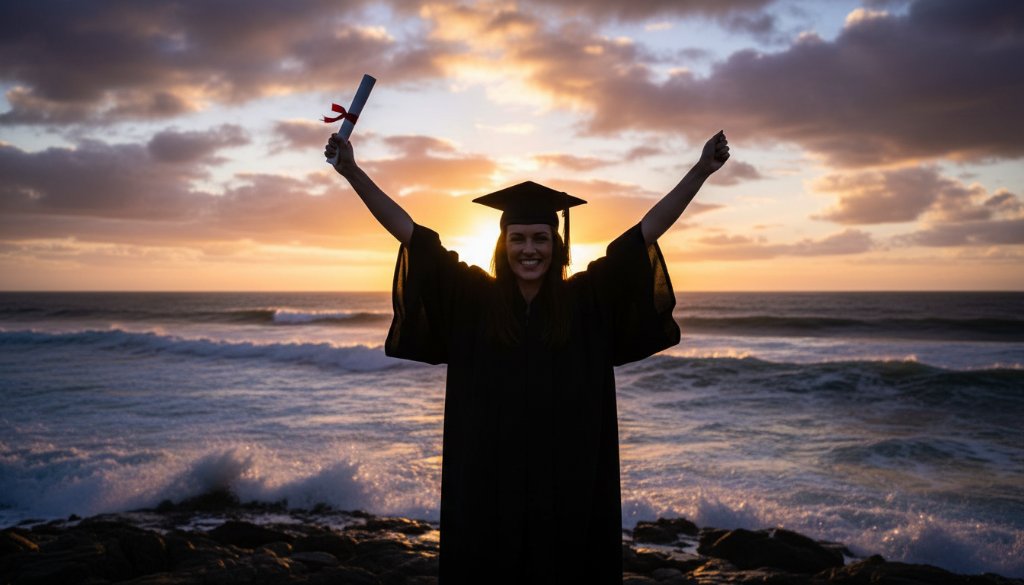 A jubilant graduate in their cap and gown, framed against the dramatic coastline of Warrnambool's Logans Beach at sunset, celebrating their achievement. This Warrnambool graduation photography capturing epic achievement showcases the joy and grandeur of the moment.