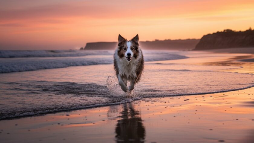 A majestic golden retriever joyfully leaping through shallow waves on Logan's Beach at sunset, capturing the essence of Warrnambool pet photography coastal adventure portraits, with dramatic golden light and a blurred Warrnambool coastline in the background.
