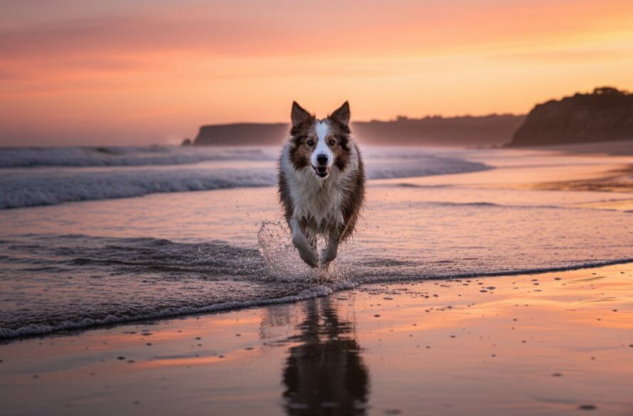 A majestic golden retriever joyfully leaping through shallow waves on Logan's Beach at sunset, capturing the essence of Warrnambool pet photography coastal adventure portraits, with dramatic golden light and a blurred Warrnambool coastline in the background.