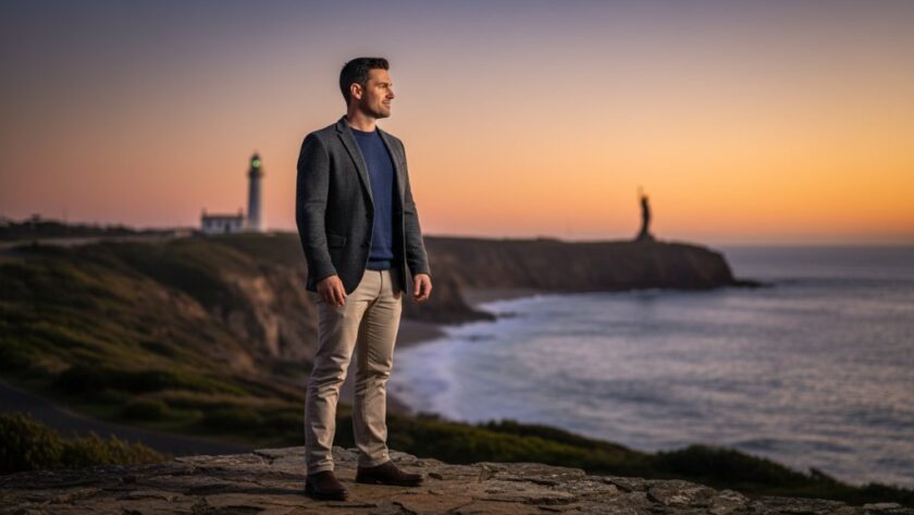 A confident executive with a slight smile, standing against a blurred backdrop of Warrnambool's iconic coastline at sunset, with dramatic, warm lighting highlighting their profile, embodying 'Warrnambool professional headshots for career advancement'.