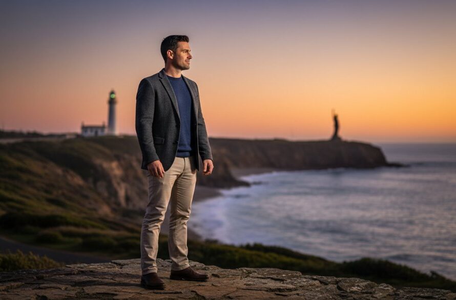 A confident executive with a slight smile, standing against a blurred backdrop of Warrnambool's iconic coastline at sunset, with dramatic, warm lighting highlighting their profile, embodying 'Warrnambool professional headshots for career advancement'.