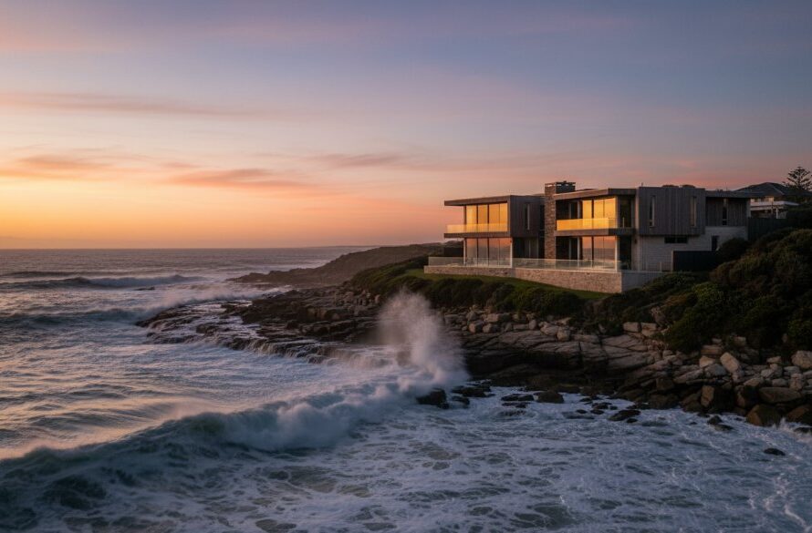An epic moment of a luxury Warrnambool real estate photography coastal property, showcasing a stunning oceanfront home bathed in golden hour light, with dramatic waves crashing against the shore, viewed from an elevated angle.