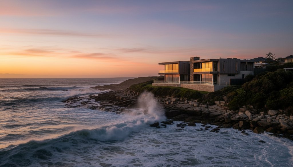 An epic moment of a luxury Warrnambool real estate photography coastal property, showcasing a stunning oceanfront home bathed in golden hour light, with dramatic waves crashing against the shore, viewed from an elevated angle.