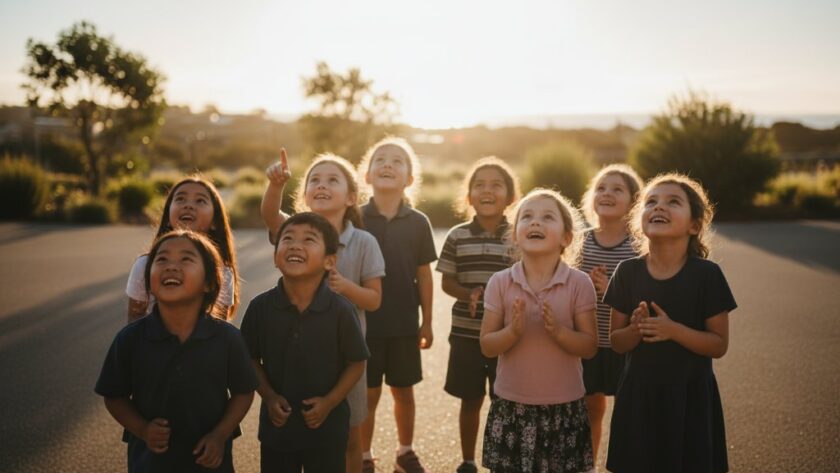 Epic moment captured in Warrnambool school photography capturing authentic student joy, showing a group of diverse primary school children laughing and running through a sun-dappled courtyard, late afternoon light, dynamic composition, joy.