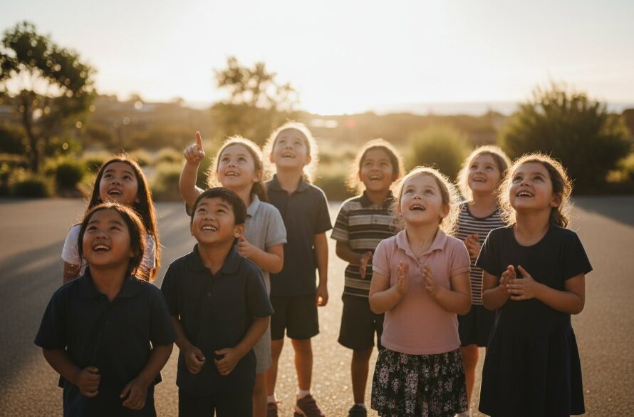 Epic moment captured in Warrnambool school photography capturing authentic student joy, showing a group of diverse primary school children laughing and running through a sun-dappled courtyard, late afternoon light, dynamic composition, joy.