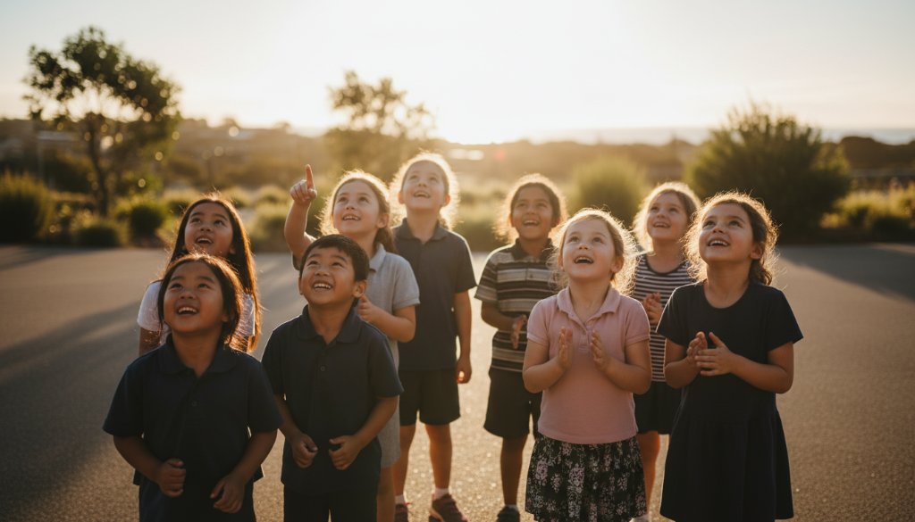 Epic moment captured in Warrnambool school photography capturing authentic student joy, showing a group of diverse primary school children laughing and running through a sun-dappled courtyard, late afternoon light, dynamic composition, joy.